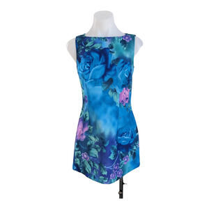 Vintage Y2K XOXO Size 3/4 Mini Sheath Dress Blue Floral Hyper Print Sleeveless